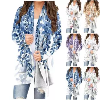 Женский кардиган с длинным рукавом и принтом спереди, легкая куртка с принтом XXXXXL синий