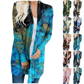 Женский кардиган с длинным рукавом и принтом спереди, легкая куртка с принтом XL темно-синий