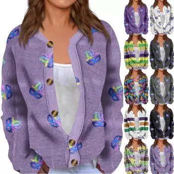 Женский кардиган с длинным рукавом и принтом «Карнавал» на пуговицах L чёрный