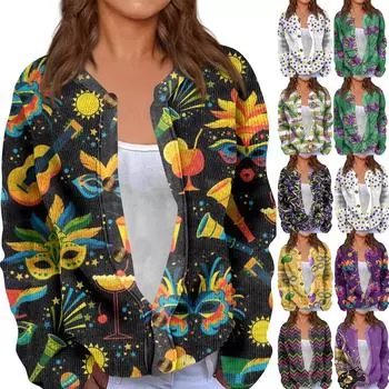 Женский кардиган с длинным рукавом и принтом «Карнавал» на пуговицах L чёрный