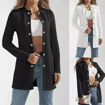 Женский кардиган с длинным рукавом, однотонные куртки с круглым вырезом, пальто, женские нарядные пальто на пуговицах, верхняя одежда S белый