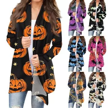 Женский кардиган с длинным рукавом спереди и принтом на Хэллоуин, легкая куртка S