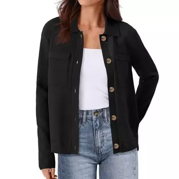 Женский кардиган с длинным рукавом, свитер, открытая спереди, пуговицы, куртка с карманами M чёрный