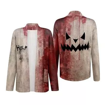 Женский кардиган с длинным рукавом, V-образным вырезом, модная рубашка с принтом на Хэллоуин, легкий, повседневный, свободный, тонкий кардиган с карманами S винный