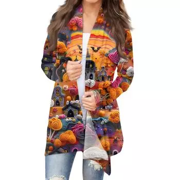 Женский кардиган с длинными рукавами и принтом на Хэллоуин, легкая куртка с принтом L фиолетовый