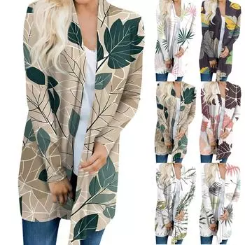 Женский кардиган с длинными рукавами и принтом осенних листьев, верхняя куртка