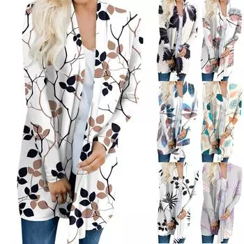 Женский кардиган с длинными рукавами и принтом осенних листьев, верхняя куртка