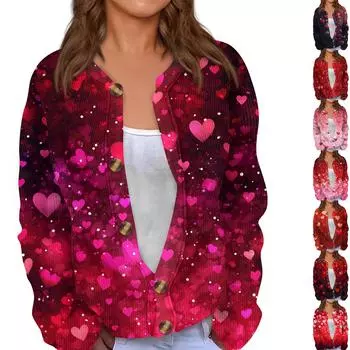 Женский кардиган с длинными рукавами и принтом ко Дню святого Валентина, жакет на пуговицах L