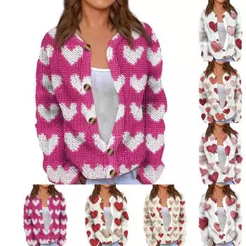 Женский кардиган с длинными рукавами и принтом ко Дню святого Валентина, жакет на пуговицах L