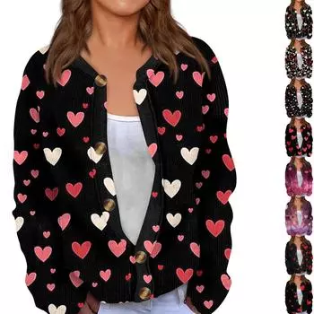 Женский кардиган с длинными рукавами и принтом ко Дню святого Валентина, жакет на пуговицах L