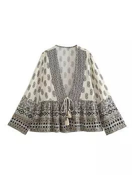 Женский кардиган с длинными рукавами и принтом на шнуровке, свободная богемная винтажная лоскутная футболка с глубоким v-образным вырезом, летняя повседневная одежда с кисточками XS