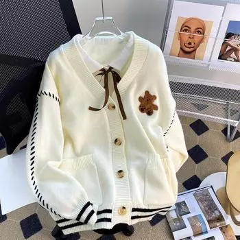 Женский кардиган с длинными рукавами и узором «Медвежонок Тедди», свободный вязаный свитер в корейском стиле для женщин, осенние топы на пуговицах One Size слоновая кость