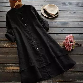 Женский кардиган с длинными рукавами, однотонная хлопково-льняная длинная свободная тонкая рубашка на пуговицах L чёрный
