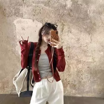 Женский кардиган с длинными рукавами, тонкий, красный, в корейском стиле серый