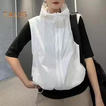 Женский кардиган с капюшоном и застежкой-молнией без рукавов, подол на шнурке, сплошной цвет, свободная защита от солнца, повседневный спортивный жилет для повседневной жизни L белый