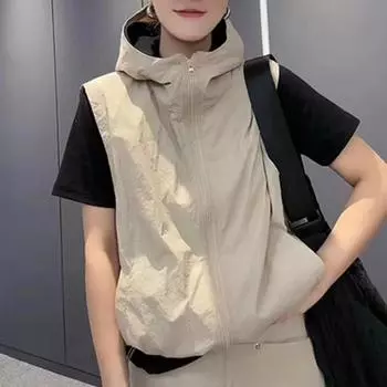 Женский кардиган с капюшоном и застежкой-молнией без рукавов, подол на шнурке, сплошной цвет, свободная защита от солнца, повседневный спортивный жилет для повседневной жизни M хаки