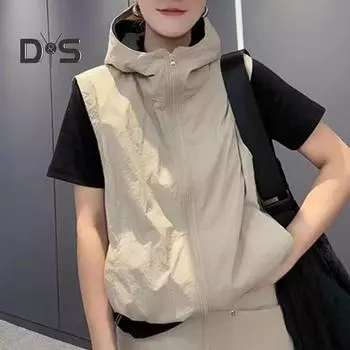 Женский кардиган с капюшоном и застежкой-молнией без рукавов, подол на шнурке, сплошной цвет, свободная защита от солнца, повседневный спортивный жилет для повседневной жизни L белый