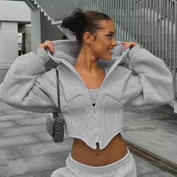 Женский кардиган с капюшоном на молнии - короткая куртка с длинными рукавами на осень/зиму Small серый