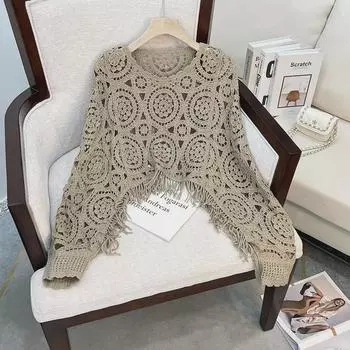 Женский кардиган с кисточками и круглым вырезом в винтажном стиле с рукавами «летучая мышь» One Size абрикосовый