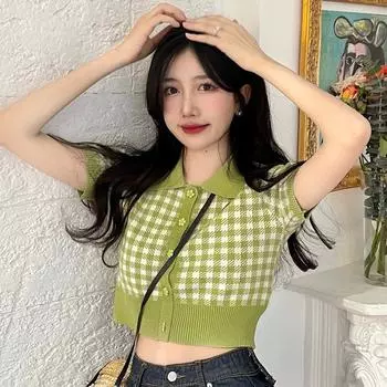 Женский кардиган с короткими рукавами, однобортный, с лацканами, в милую японскую клетку