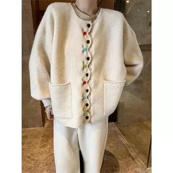 Женский кардиган с круглым вырезом и волнистым краем, цветные пуговицы, свободный повседневный свитер, теплая куртка на осень и зиму One size бежевый