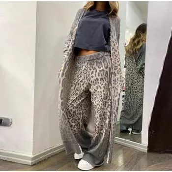 Женский кардиган с леопардовым принтом, пальто с длинными рукавами и пуговицами, прямые брюки, повседневные женские комплекты на весну и лето S светло-коричневого