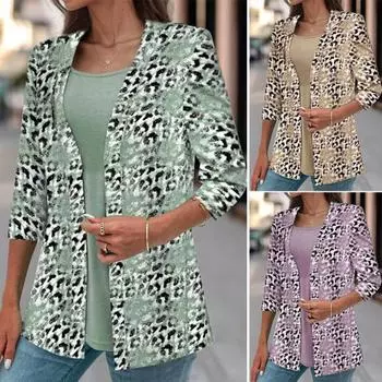 Женский кардиган с леопардовым принтом, рукав три четверти, открытый стежок с лацканами, деловой стиль, деловой офис 2XL зелёный
