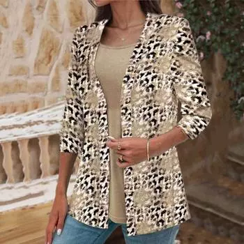 Женский кардиган с леопардовым принтом, рукав три четверти с открытыми лацканами, деловой стиль, деловое офисное пальто, женская повседневная куртка XXL зелёный