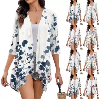 Женский кардиган с нестандартным принтом и рукавами 3/4, повседневная накидка с карманами L циан