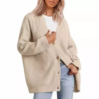 Женский кардиган с объемным кроем, застегивающийся на пуговицы, с V-образным вырезом и передним карманом, мягкая трикотажная куртка, уютный наряд для девочек-подростков на осень-зиму L бежевый