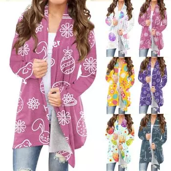 Женский кардиган с пасхальным принтом и длинными рукавами спереди, легкая куртка с принтом L