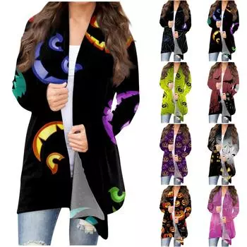 Женский кардиган с принтом Хэллоуина, нерегулярный, с длинными рукавами и карманной курткой M серый