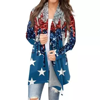 Женский кардиган с принтом ко Дню независимости и длинными рукавами спереди, легкая куртка с принтом M синий