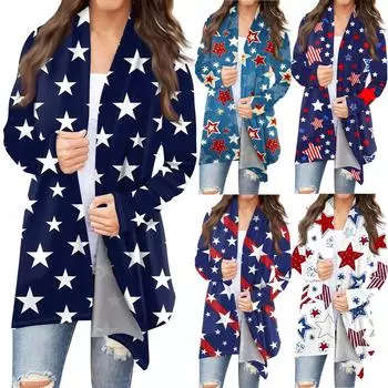 Женский кардиган с принтом ко Дню независимости и длинными рукавами спереди, легкая куртка с принтом L