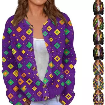 Женский кардиган с принтом Марди Гра с длинными рукавами и пуговицами L темно-фиолетового