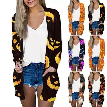 Женский кардиган с принтом на Хэллоуин, свободная повседневная верхняя одежда с длинными рукавами L