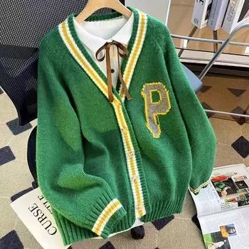 Женский кардиган с принтом в виде букв, свитер, пальто в стиле преппи, свободное пальто на пуговицах, трикотажная повседневная куртка для женщин 2023 года, осень-зима One Size зелёный