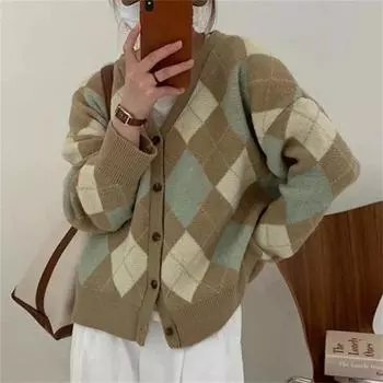Женский кардиган с ромбовидной вязкой - осень/зима 2024, корейский стиль, нишевый дизайн, уютная и шикарная куртка-свитер 85-145 catties хаки