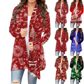 Женский кардиган с рождественским принтом и длинными рукавами спереди, легкая куртка с принтом XL синий