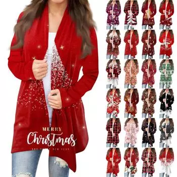 Женский кардиган с рождественским принтом и длинными рукавами спереди, легкая куртка с принтом XXL чёрный
