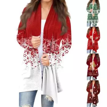 Женский кардиган с рождественским принтом и длинными рукавами спереди, легкая куртка с принтом XXL