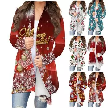 Женский кардиган с рождественским принтом и длинными рукавами спереди, легкая куртка с принтом L красный