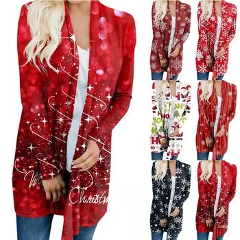 Женский кардиган с рождественским принтом и длинными рукавами спереди, легкая куртка с принтом L киноварь