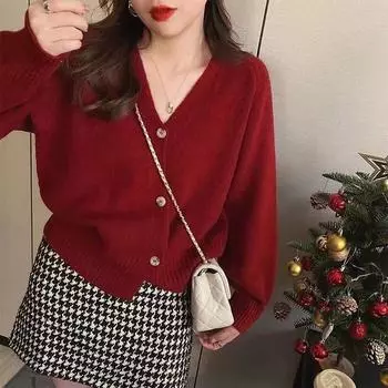 Женский кардиган с v-образным вырезом 2022, осенне-зимняя верхняя одежда, свободный дизайн, короткий вязаный кардиган с длинными рукавами, женский свитер One Size зелёный