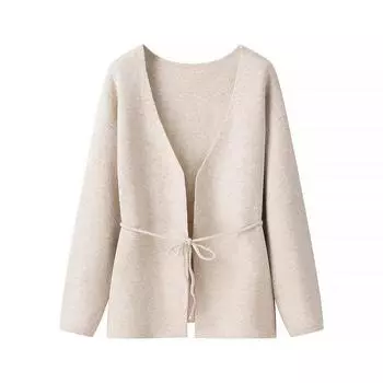 Женский кардиган с V-образным вырезом, длинными рукавами и завязками, весна 2025: Европейская и американская уличная мода Medium слоновая кость