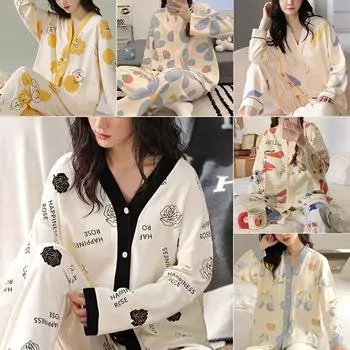 Женский кардиган с V-образным вырезом и длинными рукавами, брюки, тонкий набивной домашний комплект, шелковая пижама, домашний комплект L жёлтый