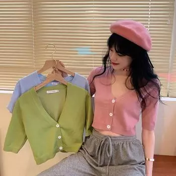 Женский кардиган с V-образным вырезом, коротким рукавом, рубашка, пуговицы, трикотажные кардиганы, короткие топы One Size
