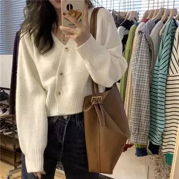 Женский кардиган с v-образным вырезом, осень и зима 2023, свободный однотонный дизайн с длинными рукавами, уникальный короткий вязаный свитер, женский кардиган