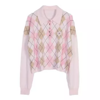 Женский кардиган с вышивкой аргайл и цветком на весну/осень 2024 года - Розовый вязаный топ во французском стиле Medium