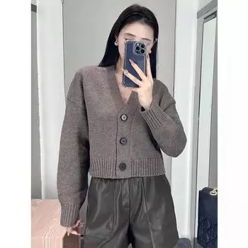 «Женский кардиган с заниженной линией плеч из шерсти в стиле ретро с принтом «Осень/Зима 2024» S чёрный